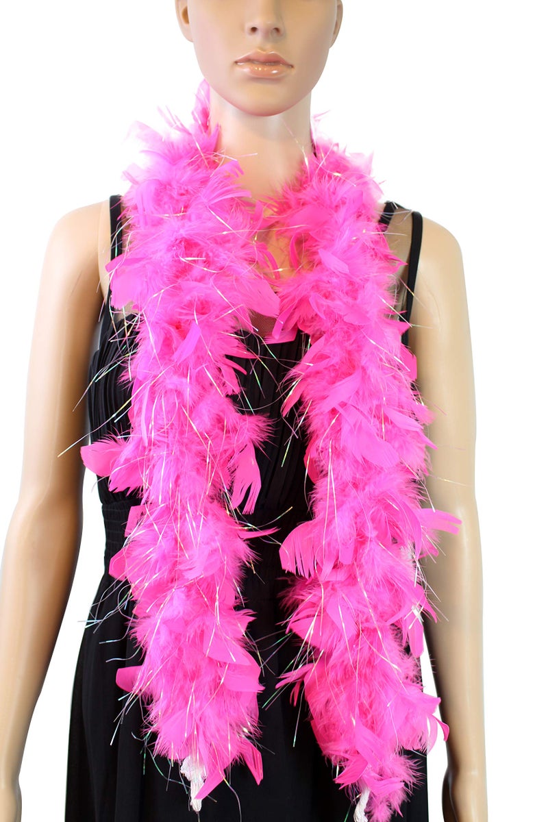 Flydreamfeathers 25 Gram, 4 Feet Long Chandelle Feather Boa, Great for Party, Wedding, Halloween Costume, Christmas Tree, Decoration (Candy Pink w/silver lurex) - Image 4